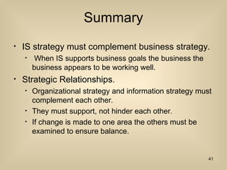 Summary
? IS strategy must complement business strategy.
? When IS supports business goals the business the
business appears to be working well.
? Strategic Relationships.
? Organizational strategy and information strategy must
complement each other.
? They must support, not hinder each other.
? If change is made to one area the others must be
examined to ensure balance.
41
 