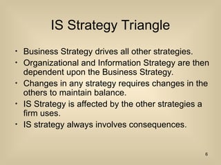 IS Strategy Triangle
? Business Strategy drives all other strategies.
? Organizational and Information Strategy are then
dependent upon the Business Strategy.
? Changes in any strategy requires changes in the
others to maintain balance.
? IS Strategy is affected by the other strategies a
firm uses.
? IS strategy always involves consequences.
6
 