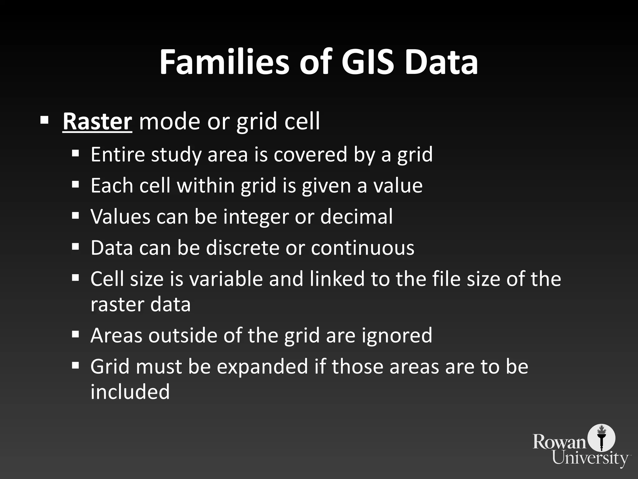 Families of GIS Data Raster  mode or grid cell Entire study area is covered by a grid Each cell within grid is given a value Values can be integer or decimal Data can be discrete or continuous Cell size is variable and linked to the file size of the raster data Areas outside of the grid are ignored Grid must be expanded if those areas are to be included 