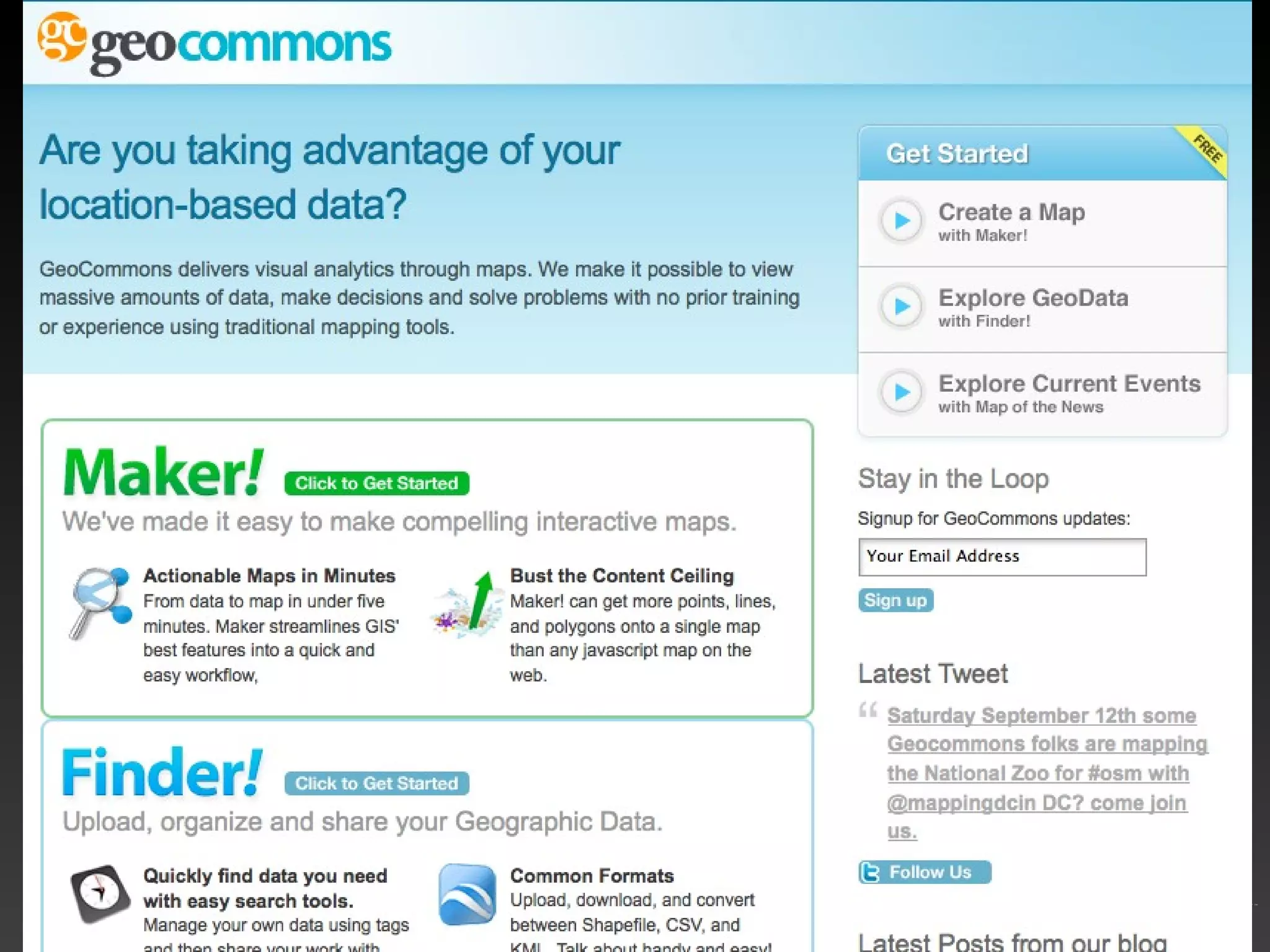 GeoCommons GeoCommons is a &quot;mashup&quot; maker Upload your data – excel or GIS and have it mapped Find data others have shared Make maps, then export to Google Earth 