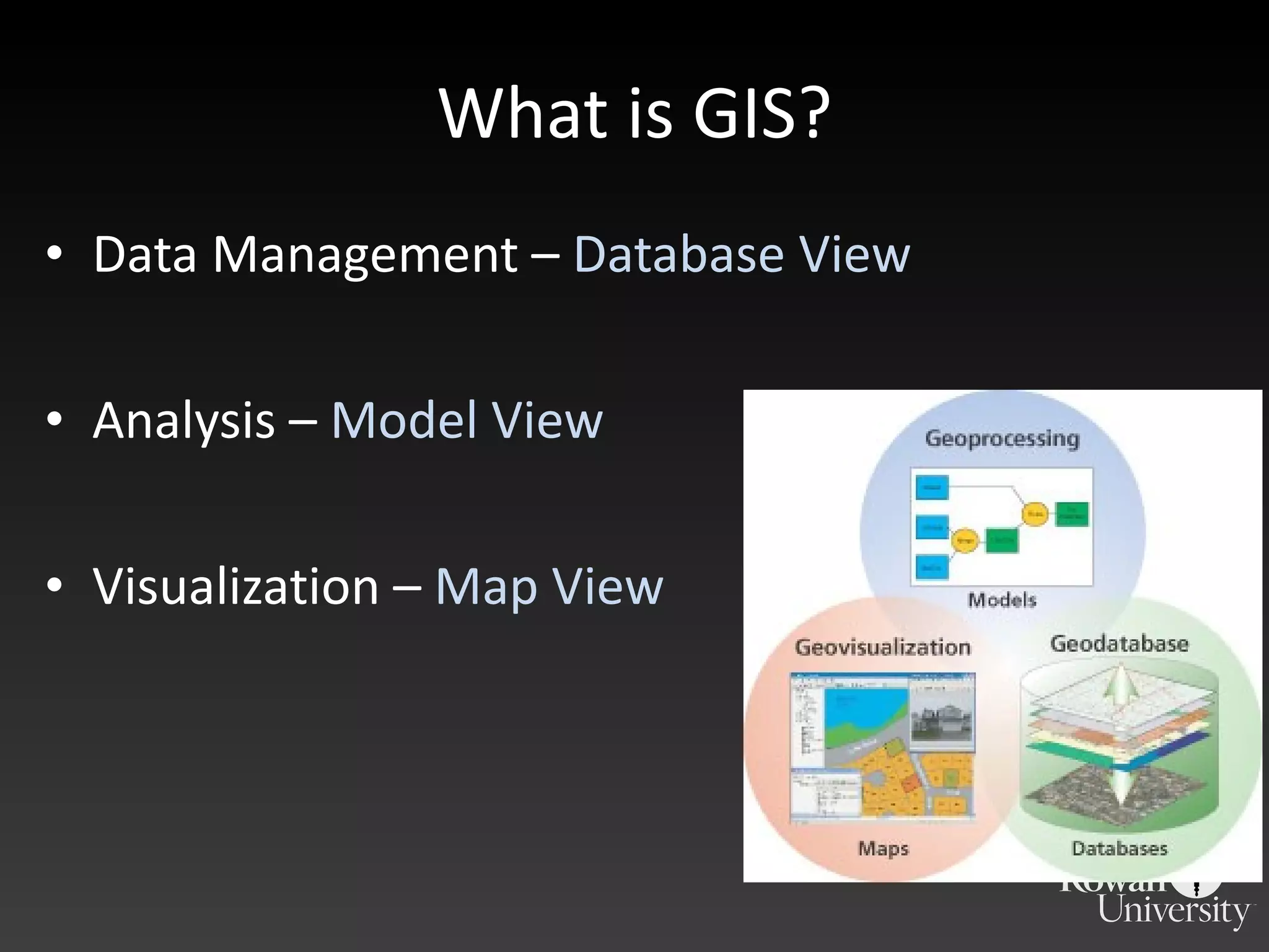 What is GIS? Data Management –  Database View Analysis –  Model View Visualization –  Map View 