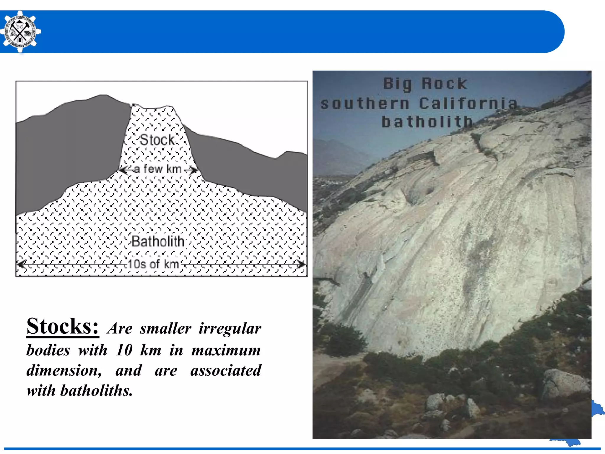 Stocks: Are smaller irregular
bodies with 10 km in maximum
dimension, and are associated
with batholiths.
 
