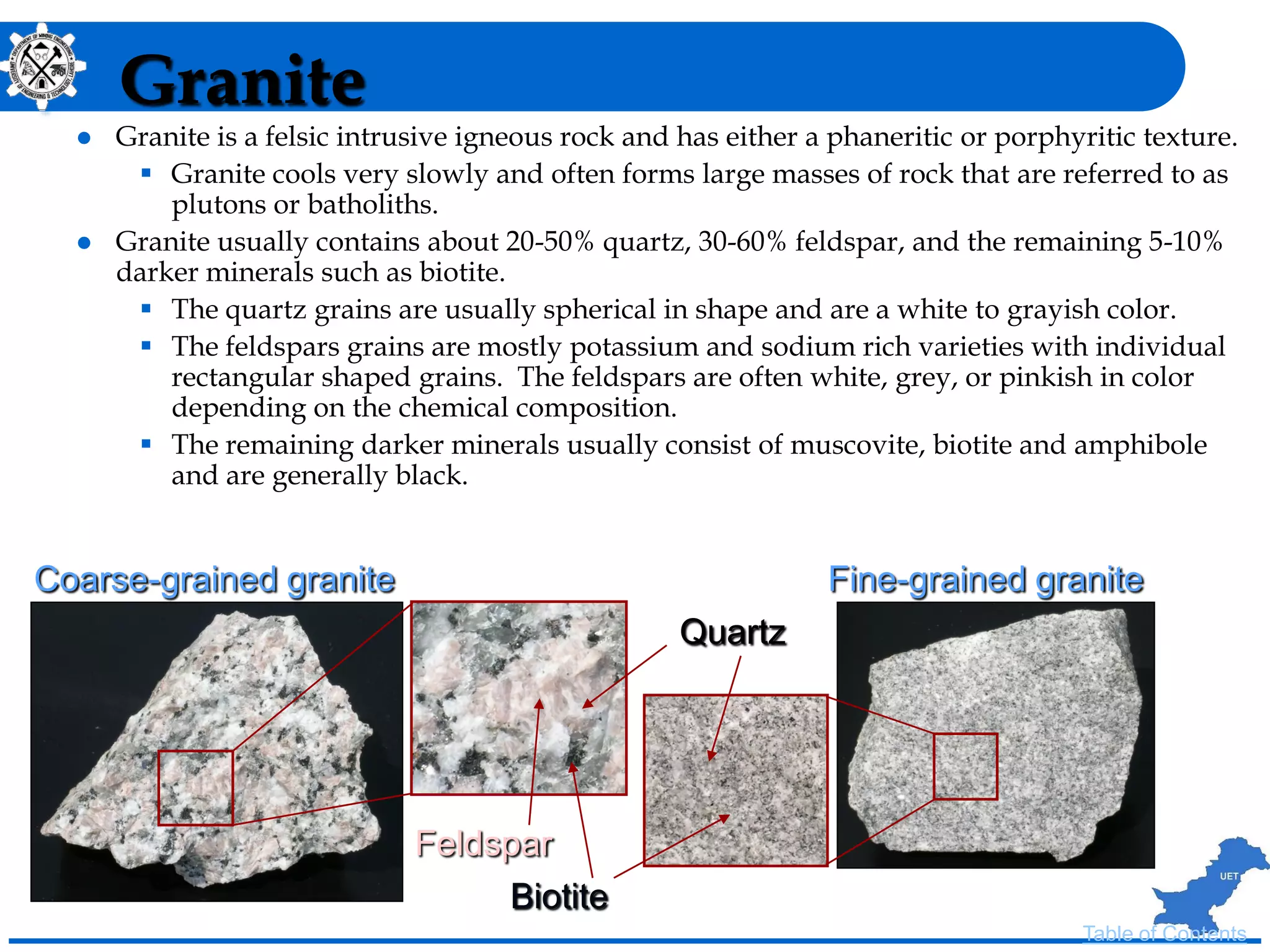 Granite
 Granite is a felsic intrusive igneous rock and has either a phaneritic or porphyritic texture.
 Granite cools very slowly and often forms large masses of rock that are referred to as
plutons or batholiths.
 Granite usually contains about 20-50% quartz, 30-60% feldspar, and the remaining 5-10%
darker minerals such as biotite.
 The quartz grains are usually spherical in shape and are a white to grayish color.
 The feldspars grains are mostly potassium and sodium rich varieties with individual
rectangular shaped grains. The feldspars are often white, grey, or pinkish in color
depending on the chemical composition.
 The remaining darker minerals usually consist of muscovite, biotite and amphibole
and are generally black.
Coarse-grained granite Fine-grained granite
Feldspar
Quartz
Biotite
Table of Contents
 