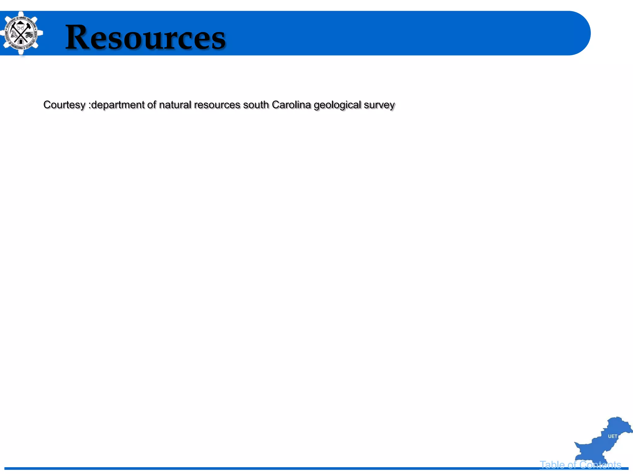 Resources
Courtesy :department of natural resources south Carolina geological survey
Table of Contents
 
