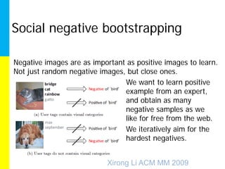 Social negative bootstrapping

Negative images are as important as positive images to learn.
Not just random negative images, but close ones.
•                               We want to learn positive
                                example from an expert,
                                and obtain as many
                                negative samples as we
                                like for free from the web.
•                               We iteratively aim for the
                                hardest negatives.


                           Xirong Li ACM MM 2009
 