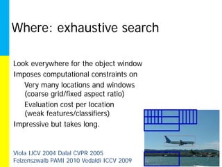 Where: exhaustive search

Look everywhere for the object window
Imposes computational constraints on
   Very many locations and windows
   (coarse grid/fixed aspect ratio)
   Evaluation cost per location
   (weak features/classifiers)
Impressive but takes long.


Viola IJCV 2004 Dalal CVPR 2005
Felzenszwalb PAMI 2010 Vedaldi ICCV 2009   7
 