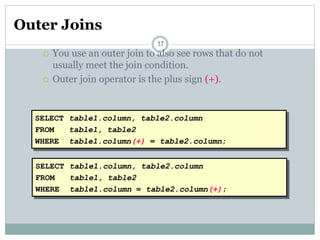Outer Joins
17
 You use an outer join to also see rows that do not
usually meet the join condition.
 Outer join operator is the plus sign (+).
SELECT table1.column, table2.column
FROM table1, table2
WHERE table1.column(+) = table2.column;
SELECT table1.column, table2.column
FROM table1, table2
WHERE table1.column = table2.column(+);
 