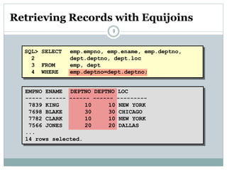 Retrieving Records with Equijoins
9
SQL> SELECT emp.empno, emp.ename, emp.deptno,
2 dept.deptno, dept.loc
3 FROM emp, dept
4 WHERE emp.deptno=dept.deptno;
EMPNO ENAME DEPTNO DEPTNO LOC
----- ------ ------ ------ ---------
7839 KING 10 10 NEW YORK
7698 BLAKE 30 30 CHICAGO
7782 CLARK 10 10 NEW YORK
7566 JONES 20 20 DALLAS
...
14 rows selected.
 