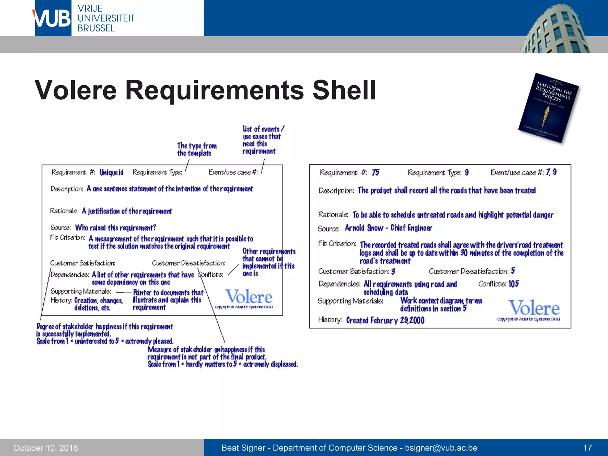 Beat Signer - Department of Computer Science - bsigner@vub.ac.be 17October 10, 2016
Volere Requirements Shell
 