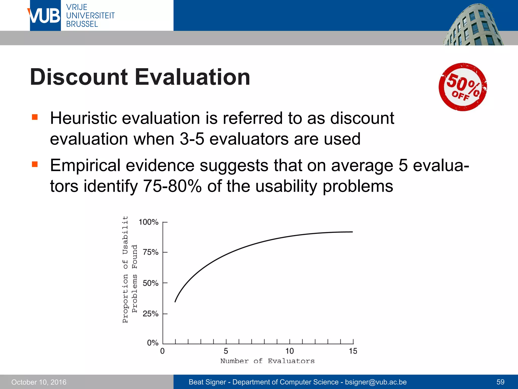Beat Signer - Department of Computer Science - bsigner@vub.ac.be 59October 10, 2016
Discount Evaluation
 Heuristic evaluation is referred to as discount
evaluation when 3-5 evaluators are used
 Empirical evidence suggests that on average 5 evalua-
tors identify 75-80% of the usability problems
 