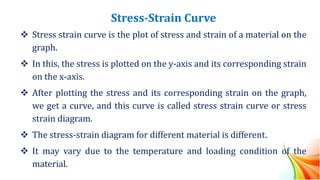 Stress-Strain Curve
❖ Stress strain curve is the plot of stress and strain of a material on the
graph.
❖ In this, the stress is plotted on the y-axis and its corresponding strain
on the x-axis.
❖ After plotting the stress and its corresponding strain on the graph,
we get a curve, and this curve is called stress strain curve or stress
strain diagram.
❖ The stress-strain diagram for different material is different.
❖ It may vary due to the temperature and loading condition of the
material.
 