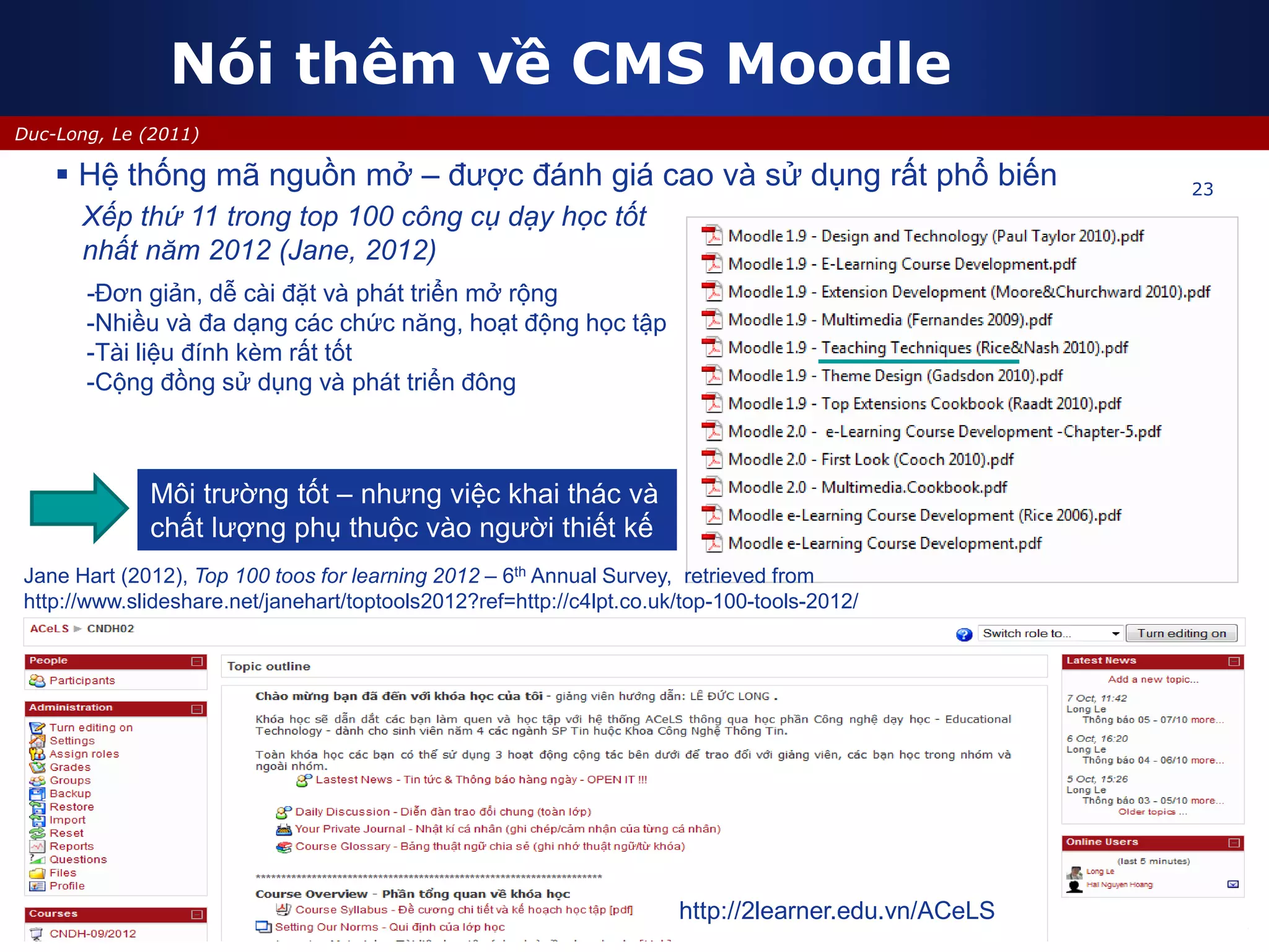 23
Duc-Long, Le (2011)
Nói thêm về CMS Moodle
23
http://2learner.edu.vn/ACeLS
 Hệ thống mã nguồn mở – được đánh giá cao và sử dụng rất phổ biến
-Đơn giản, dễ cài đặt và phát triển mở rộng
-Nhiều và đa dạng các chức năng, hoạt động học tập
-Tài liệu đính kèm rất tốt
-Cộng đồng sử dụng và phát triển đông
Xếp thứ 11 trong top 100 công cụ dạy học tốt
nhất năm 2012 (Jane, 2012)
Môi trường tốt – nhưng việc khai thác và
chất lượng phụ thuộc vào người thiết kế
Jane Hart (2012), Top 100 toos for learning 2012 – 6th Annual Survey, retrieved from
http://www.slideshare.net/janehart/toptools2012?ref=http://c4lpt.co.uk/top-100-tools-2012/
 