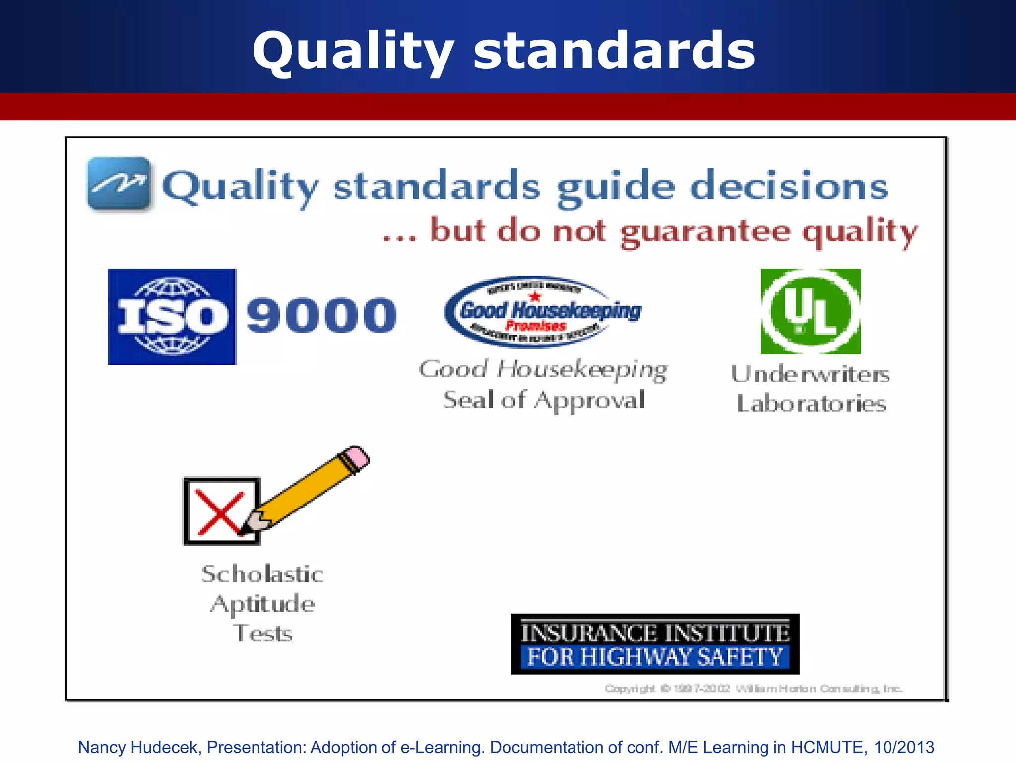 Quality standards
Nancy Hudecek, Presentation: Adoption of e-Learning. Documentation of conf. M/E Learning in HCMUTE, 10/2013
 