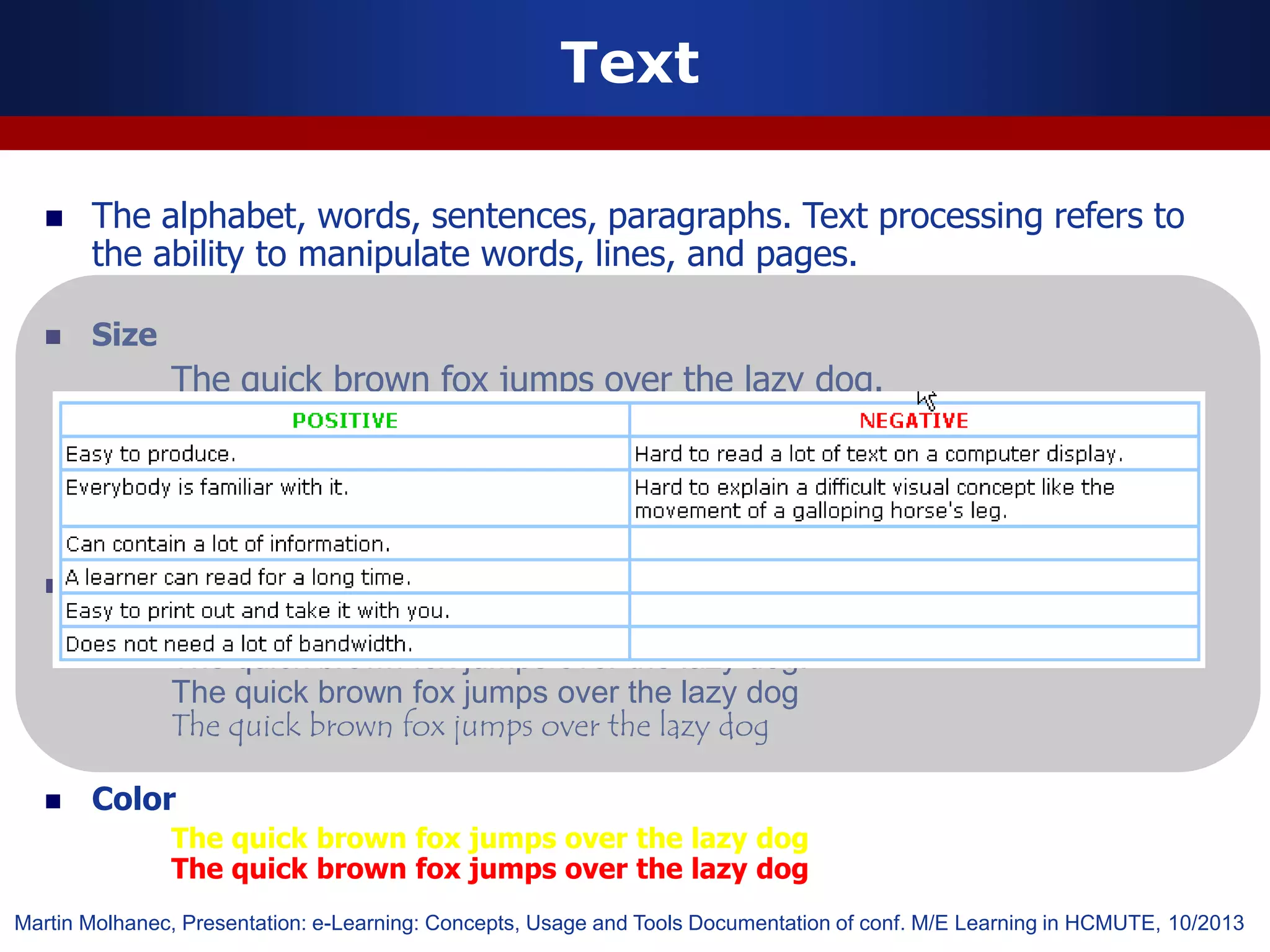 The alphabet, words, sentences, paragraphs. Text processing refers to
the ability to manipulate words, lines, and pages.
 Size
The quick brown fox jumps over the lazy dog.
The quick brown fox jumps over the lazy dog.
The quick brown fox jumps over the lazy dog.
 Font
The quick brown fox jumps over the lazy dog.
The quick brown fox jumps over the lazy dog
The quick brown fox jumps over the lazy dog
 Color
The quick brown fox jumps over the lazy dog
The quick brown fox jumps over the lazy dog
Text
Martin Molhanec, Presentation: e-Learning: Concepts, Usage and Tools Documentation of conf. M/E Learning in HCMUTE, 10/2013
 