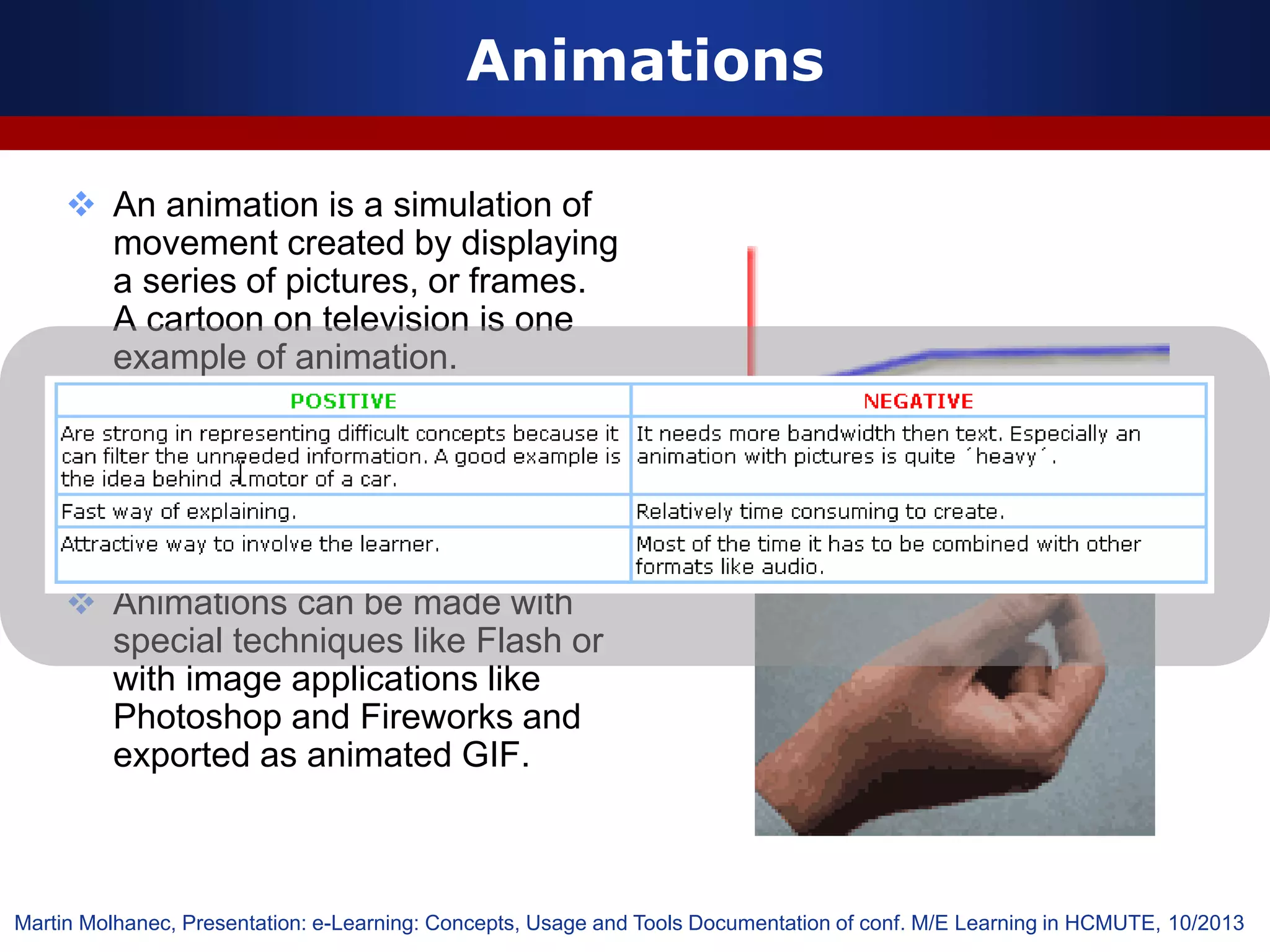  An animation is a simulation of
movement created by displaying
a series of pictures, or frames.
A cartoon on television is one
example of animation.
 Animation on computers is one
of the chief ingredients of
multimedia presentations.
 Animations can be made with
special techniques like Flash or
with image applications like
Photoshop and Fireworks and
exported as animated GIF.
Animations
Martin Molhanec, Presentation: e-Learning: Concepts, Usage and Tools Documentation of conf. M/E Learning in HCMUTE, 10/2013
 