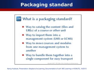 Packaging standard
Nancy Hudecek, Presentation: Adoption of e-Learning. Documentation of conf. M/E Learning in HCMUTE, 10/2013
 