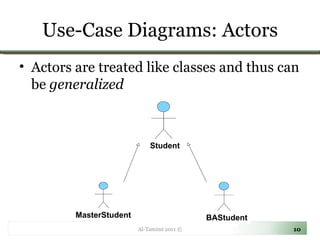 Use-Case Diagrams: Actors Al-Tamimi 2011 © Actors are treated like classes and thus can be  generalized Student MasterStudent BAStudent 