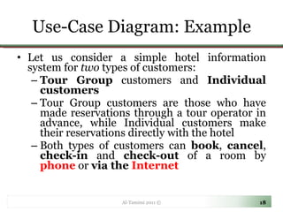 Use-Case Diagram: Example Let us consider a simple hotel information system for  two  types of customers:  Tour Group  customers and  Individual customers Tour Group customers are those who have made reservations through a tour operator in advance, while Individual customers make their reservations directly with the hotel  Both types of customers can  book ,  cancel ,  check-in  and  check-out  of a room by  phone  or  via the  Internet Al-Tamimi 2011 © 