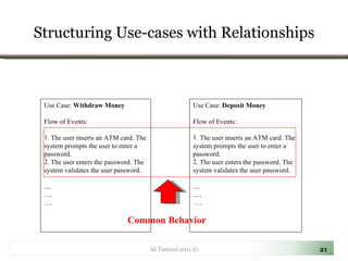 Structuring Use-cases with Relationships Al-Tamimi 2011 © Use Case:  Withdraw Money Flow of Events: . The user inserts an ATM card. The system prompts the user to enter a password. . The user enters the password. The system validates the user password. .... … . … . Use Case:  Deposit Money Flow of Events: . The user inserts an ATM card. The system prompts the user to enter a password. . The user enters the password. The system validates the user password. .... … . … . Common Behavior 