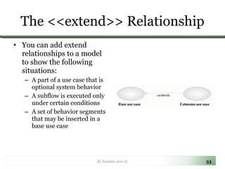 The <<extend>> Relationship You can add extend relationships to a model to show the following situations: A part of a use case that is optional system behavior A subflow is executed only under certain conditions A set of behavior segments that may be inserted in a base use case Al-Tamimi 2011 © 