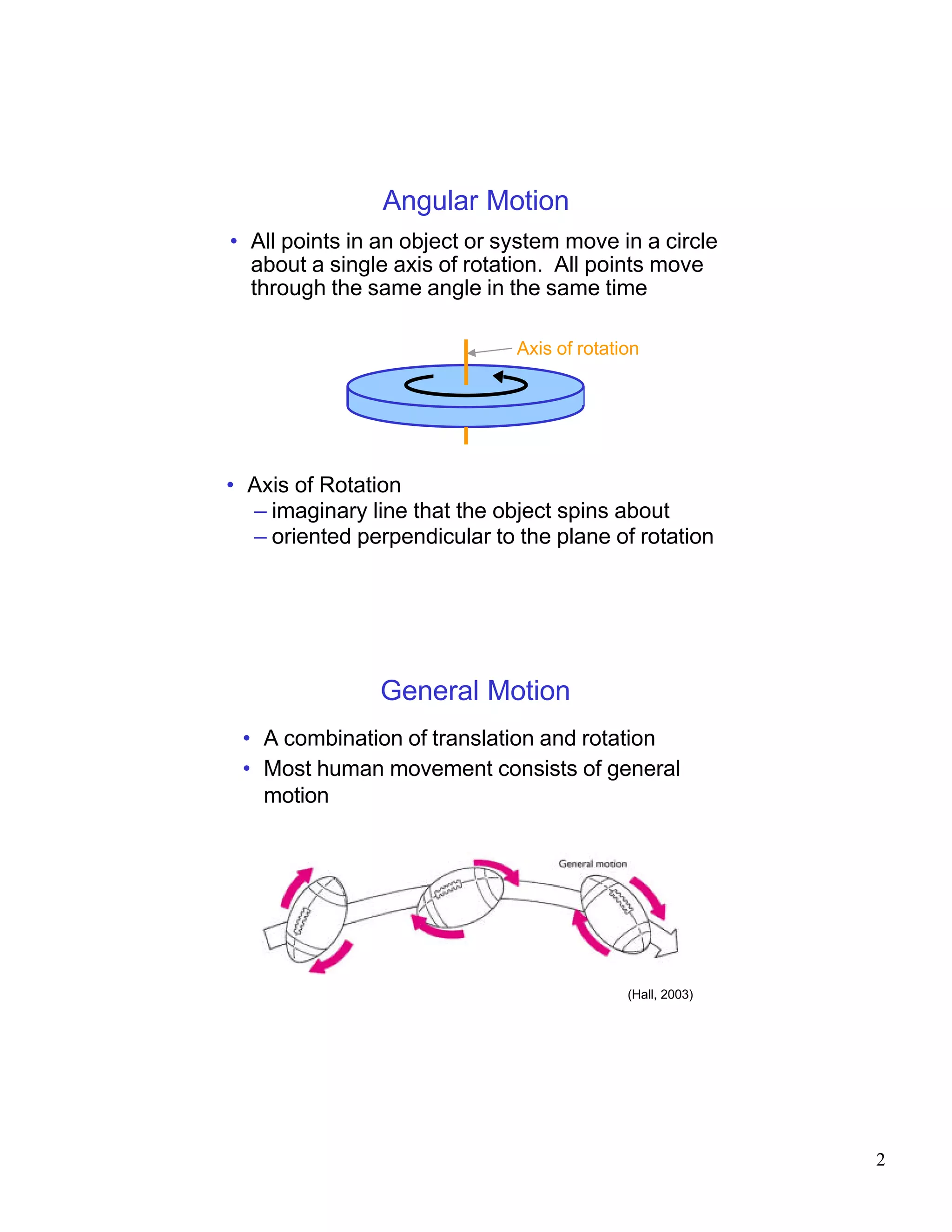 Angular Motion
• All points in an object or system move in a circle
  about a single axis of rotation. All points move
  through the same angle in the same time

                              Axis of rotation




• Axis of Rotation
  – imaginary line that the object spins about
  – oriented perpendicular to the plane of rotation




                General Motion
 • A combination of translation and rotation
 • Most human movement consists of general
   motion




                                            (Hall, 2003)




                                                           2
 