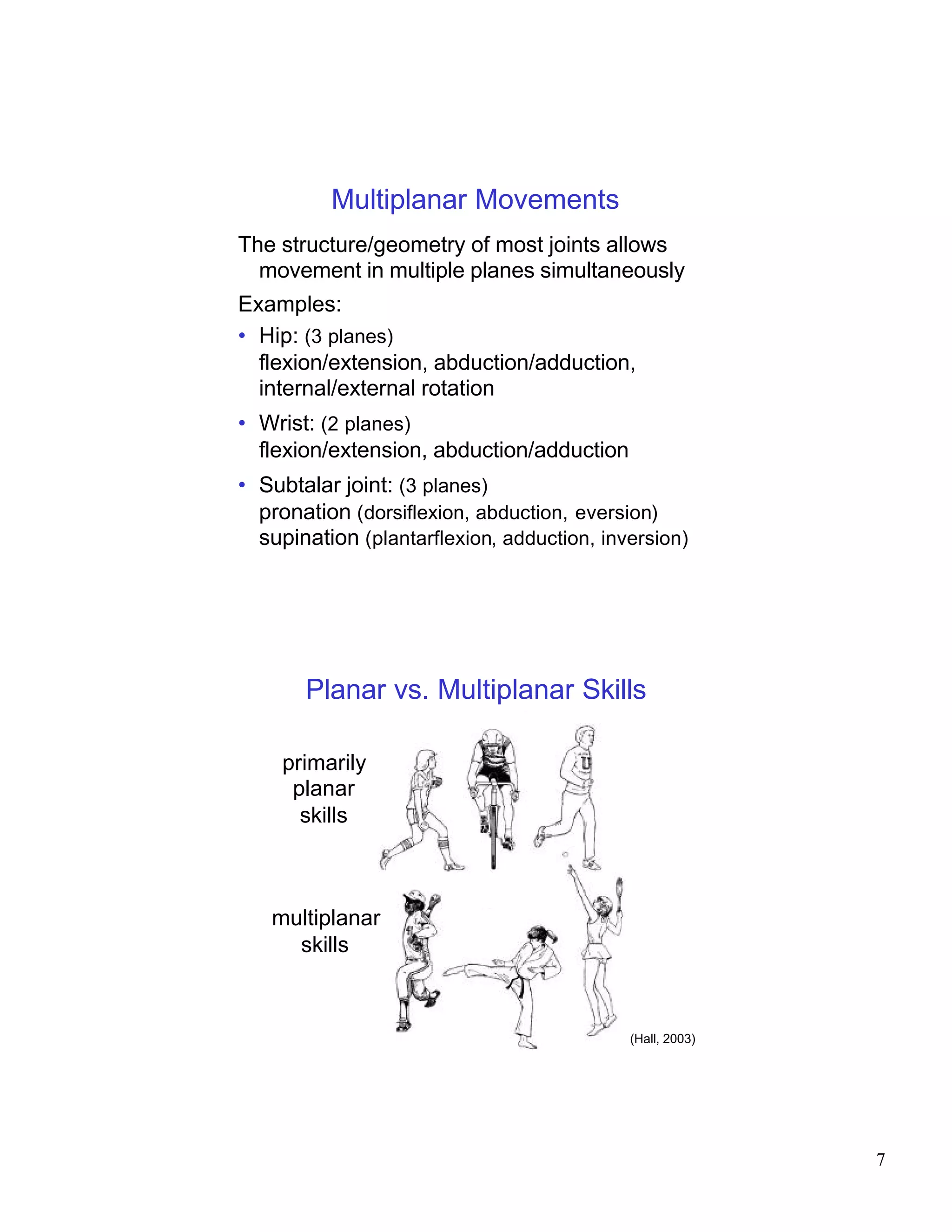 Multiplanar Movements
The structure/geometry of most joints allows
  movement in multiple planes simultaneously
Examples:
• Hip: (3 planes)
  flexion/extension, abduction/adduction,
  internal/external rotation
• Wrist: (2 planes)
  flexion/extension, abduction/adduction
• Subtalar joint: (3 planes)
  pronation (dorsiflexion, abduction, eversion)
  supination (plantarflexion, adduction, inversion)




       Planar vs. Multiplanar Skills

     primarily
      planar
       skills



   multiplanar
     skills



                                            (Hall, 2003)




                                                           7
 