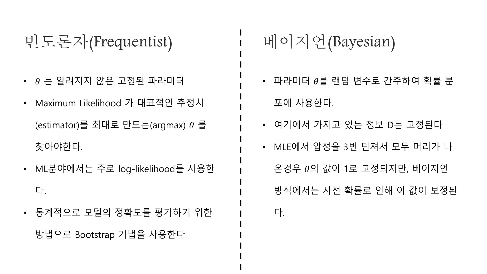 빈도론자(Frequentist) 베이지언(Bayesian)
• 𝜃 는 알려지지 않은 고정된 파라미터
• Maximum Likelihood 가 대표적인 추정치
(estimator)를 최대로 만드는(argmax) 𝜃 를
찾아야한다.
• ML분야에서는 주로 log-likelihood를 사용한
다.
• 통계적으로 모델의 정확도를 평가하기 위한
방법으로 Bootstrap 기법을 사용한다
• 파라미터 𝜃를 랜덤 변수로 간주하여 확률 분
포에 사용한다.
• 여기에서 가지고 있는 정보 D는 고정된다
• MLE에서 압정을 3번 던져서 모두 머리가 나
온경우 𝜃의 값이 1로 고정되지만, 베이지언
방식에서는 사전 확률로 인해 이 값이 보정된
다.
 