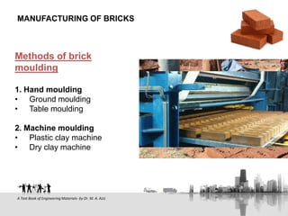 Methods of brick
moulding
1. Hand moulding
• Ground moulding
• Table moulding
2. Machine moulding
• Plastic clay machine
• Dry clay machine
MANUFACTURING OF BRICKS
A Text Book of Engineering Materials- by Dr. M. A. Aziz
 