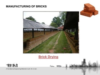 Brick Drying
MANUFACTURING OF BRICKS
A Text Book of Engineering Materials- by Dr. M. A. Aziz
 