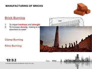 Brick Burning
1. To impart hardness and strength
2. To increase density, making to less
absorbent to water
Clamp Burning
Kilns Burning
MANUFACTURING OF BRICKS
A Text Book of Engineering Materials- by Dr. M. A. Aziz
 