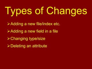 Types of Changes
Adding a new file/index etc.
Adding a new field in a file
Changing type/size
Deleting an attribute
 