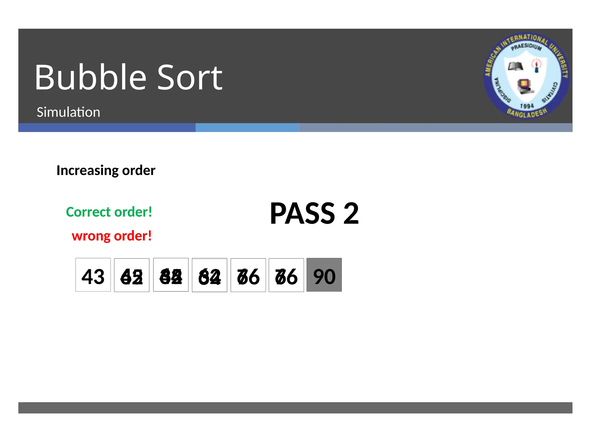 Bubble Sort
Simulation
Increasing order
wrong order!
43 62
Correct order!
45 34 76 90
66
PASS 2
62
45 62
34 66 76
 
