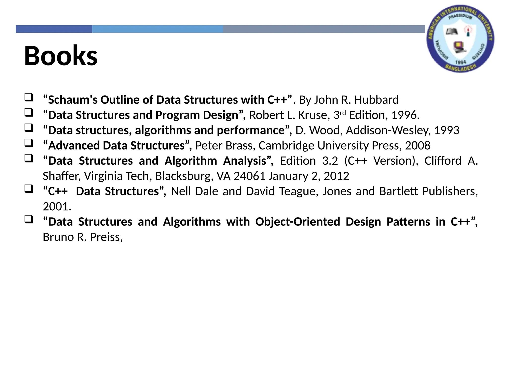 Books
 “Schaum's Outline of Data Structures with C++”. By John R. Hubbard
 “Data Structures and Program Design”, Robert L. Kruse, 3rd
Edition, 1996.
 “Data structures, algorithms and performance”, D. Wood, Addison-Wesley, 1993
 “Advanced Data Structures”, Peter Brass, Cambridge University Press, 2008
 “Data Structures and Algorithm Analysis”, Edition 3.2 (C++ Version), Clifford A.
Shaffer, Virginia Tech, Blacksburg, VA 24061 January 2, 2012
 “C++ Data Structures”, Nell Dale and David Teague, Jones and Bartlett Publishers,
2001.
 “Data Structures and Algorithms with Object-Oriented Design Patterns in C++”,
Bruno R. Preiss,
 