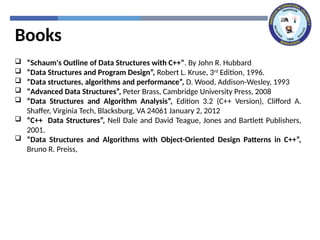 Books
 “Schaum's Outline of Data Structures with C++”. By John R. Hubbard
 “Data Structures and Program Design”, Robert L. Kruse, 3rd
Edition, 1996.
 “Data structures, algorithms and performance”, D. Wood, Addison-Wesley, 1993
 “Advanced Data Structures”, Peter Brass, Cambridge University Press, 2008
 “Data Structures and Algorithm Analysis”, Edition 3.2 (C++ Version), Clifford A.
Shaffer, Virginia Tech, Blacksburg, VA 24061 January 2, 2012
 “C++ Data Structures”, Nell Dale and David Teague, Jones and Bartlett Publishers,
2001.
 “Data Structures and Algorithms with Object-Oriented Design Patterns in C++”,
Bruno R. Preiss,
 
