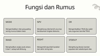 Fungsi dan Rumus
MODE
Mengembalikan nilai yang paling
sering muncul dalam data.
RAND
Menghitung nilai bersih arus kas
berdasarkan tingkat diskonto.
NPV
RIGHT
OR
Mengembalikan TRUE jika salah
satu argumen bernilai TRUE.
STDEV.P
Menghasilkan angka acak antara
0 dan 1 setiap kali dihitung.
Mengambil sejumlah karakter
dari akhir string teks.
Menghitung deviasi standar
populasi dari sekelompok nilai.
 