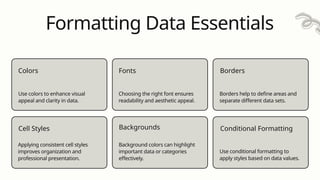Formatting Data Essentials
Colors
Use colors to enhance visual
appeal and clarity in data.
Cell Styles
Choosing the right font ensures
readability and aesthetic appeal.
Fonts
Backgrounds
Borders
Borders help to define areas and
separate different data sets.
Conditional Formatting
Applying consistent cell styles
improves organization and
professional presentation.
Background colors can highlight
important data or categories
effectively.
Use conditional formatting to
apply styles based on data values.
 