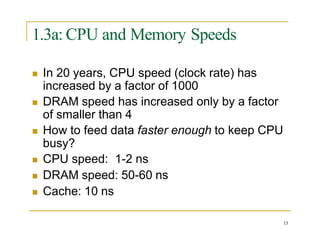 1.3a: CPU and Memory Speeds
 In 20 years, CPU speed (clock rate) has
increased by a factor of 1000
 DRAM speed has increased only by a factor
of smaller than 4
 How to feed data faster enough to keep CPU
busy?
 CPU speed: 1-2 ns
 DRAM speed: 50-60 ns
 Cache: 10 ns
13
 