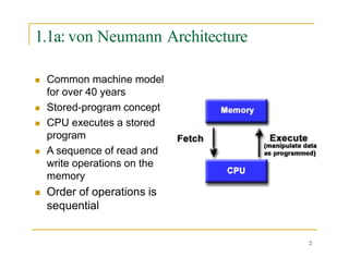 1.1a: von Neumann Architecture
 Common machine model
for over 40 years
 Stored-program concept
 CPU executes a stored
program
 A sequence of read and
write operations on the
memory
 Order of operations is
sequential
2
 