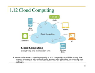 1.12 Cloud Computing
A means to increase computing capacity or add computing capabilities at any time
without investing in new infrastructure, training new personnel, or licensing new
software
30
 