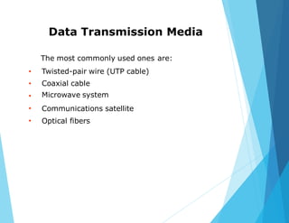 Data Transmission Media
The most commonly used ones
Twisted-pair wire (UTP cable)
Coaxial cable
Microwave system
are:
•
•
•
•
•
Communications satellite
Optical fibers
 