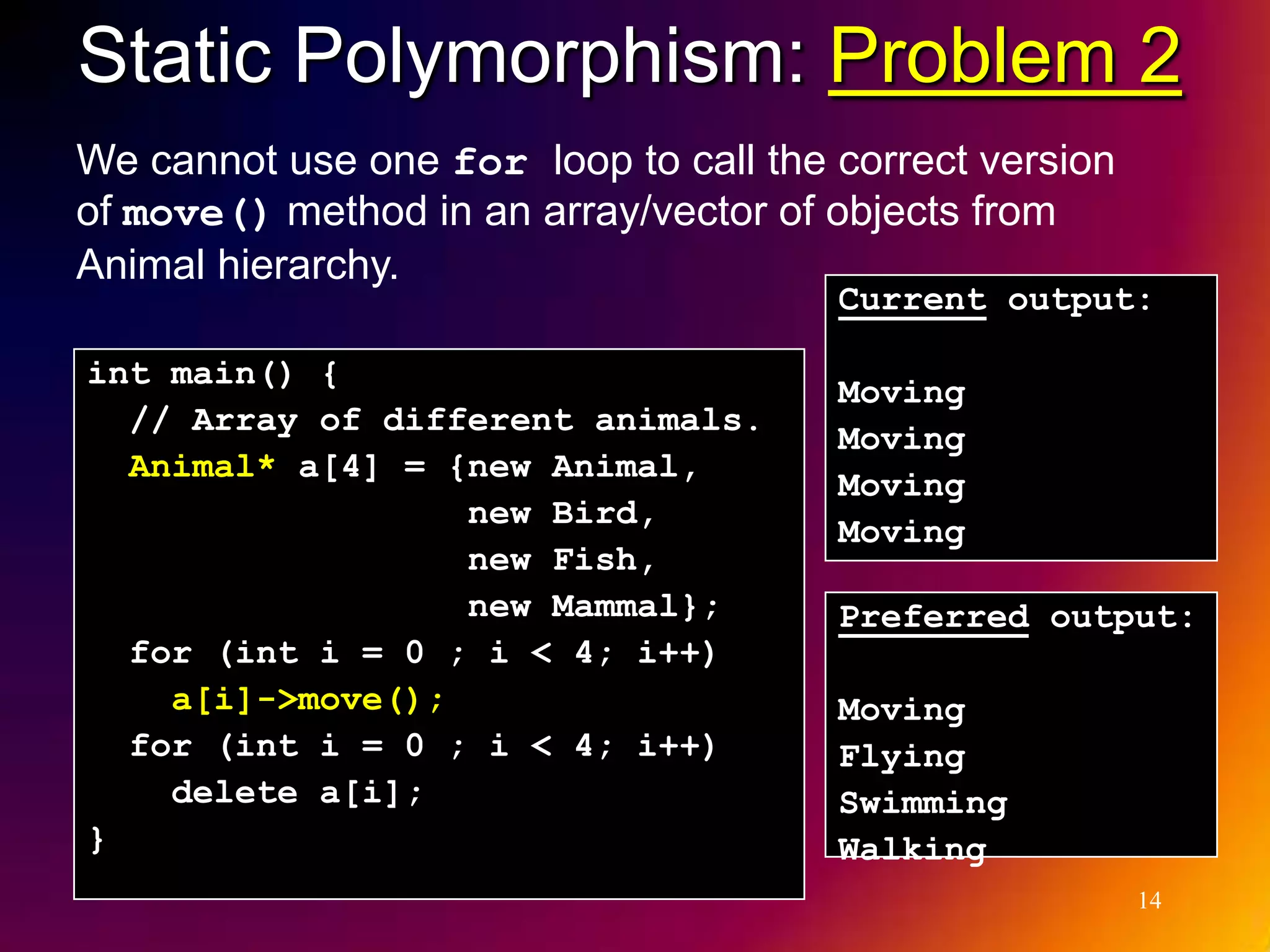 Static Polymorphism: Problem 2 We cannot use one for loop to call the correct version of move() method in an array/vector of objects from Animal hierarchy. Current output: int main() { Moving // Array of different animals. Moving Animal* a[4] = {new Animal, Moving new Bird, Moving new Fish, new Mammal}; Preferred output: for (int i = 0 ; i < 4; i++) a[i]->move(); Moving for (int i = 0 ; i < 4; i++) Flying delete a[i]; Swimming } Walking 14 