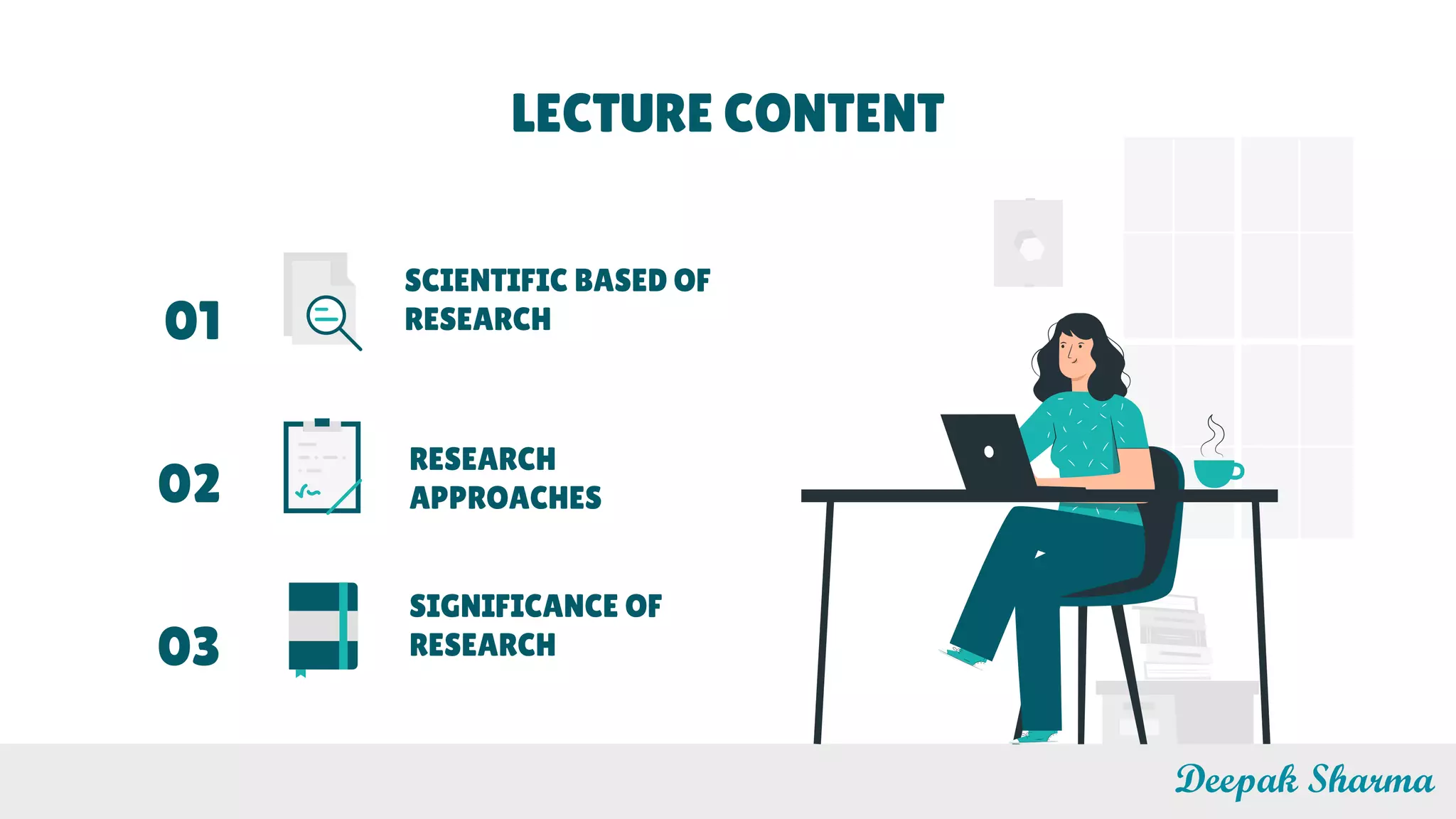 LECTURE CONTENT
SCIENTIFIC BASED OF
RESEARCH01
RESEARCH
APPROACHES02
SIGNIFICANCE OF
RESEARCH03
Deepak Sharma
 
