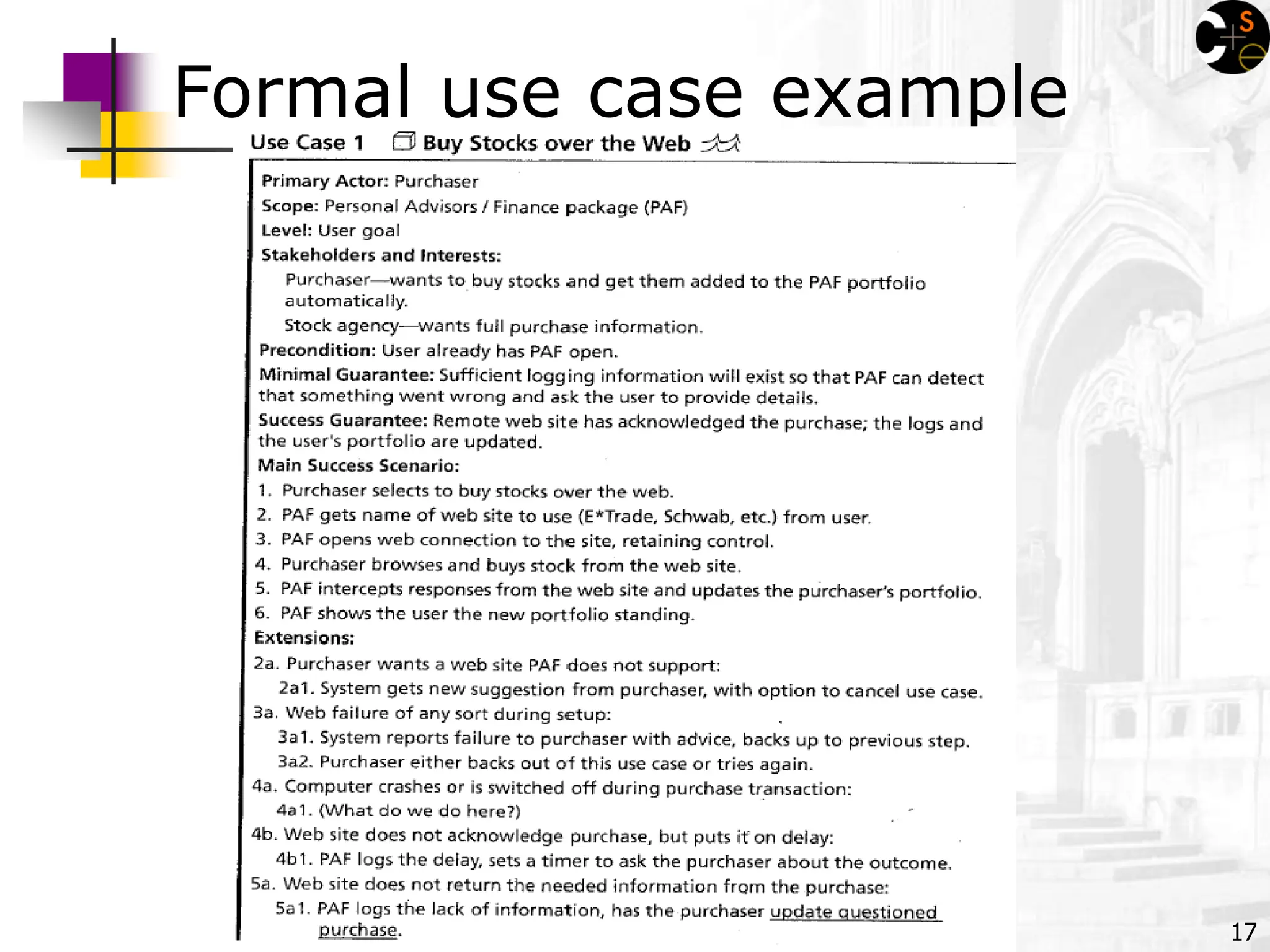 17
Formal use case example
 