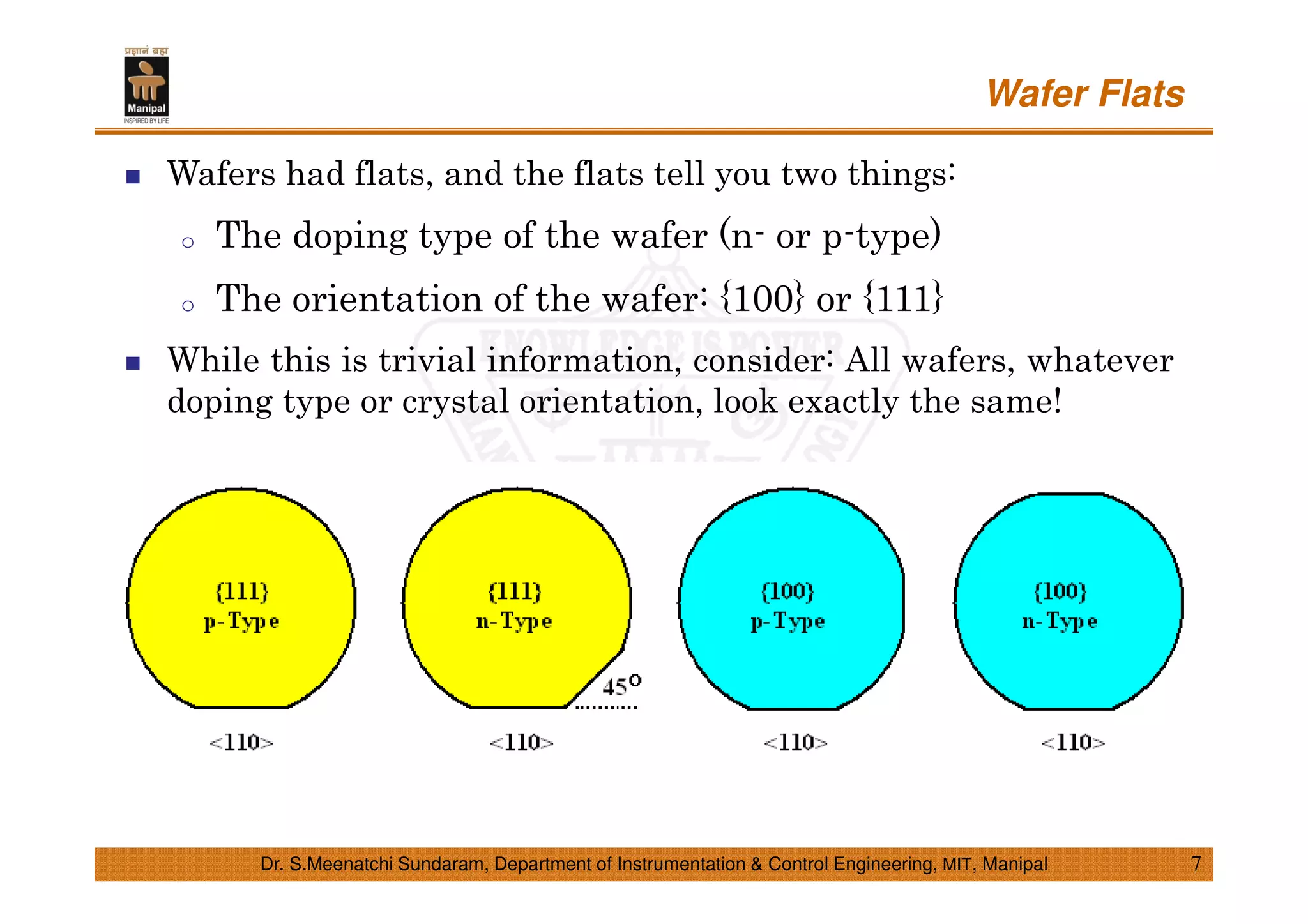 Wafer Flats
7Dr. S.Meenatchi Sundaram, Department of Instrumentation & Control Engineering, MIT, Manipal
Wafers had flats, and the flats tell you two things:
o The doping type of the wafer (n- or p-type)
o The orientation of the wafer: {100} or {111}
While this is trivial information, consider: All wafers, whatever
doping type or crystal orientation, look exactly the same!
 