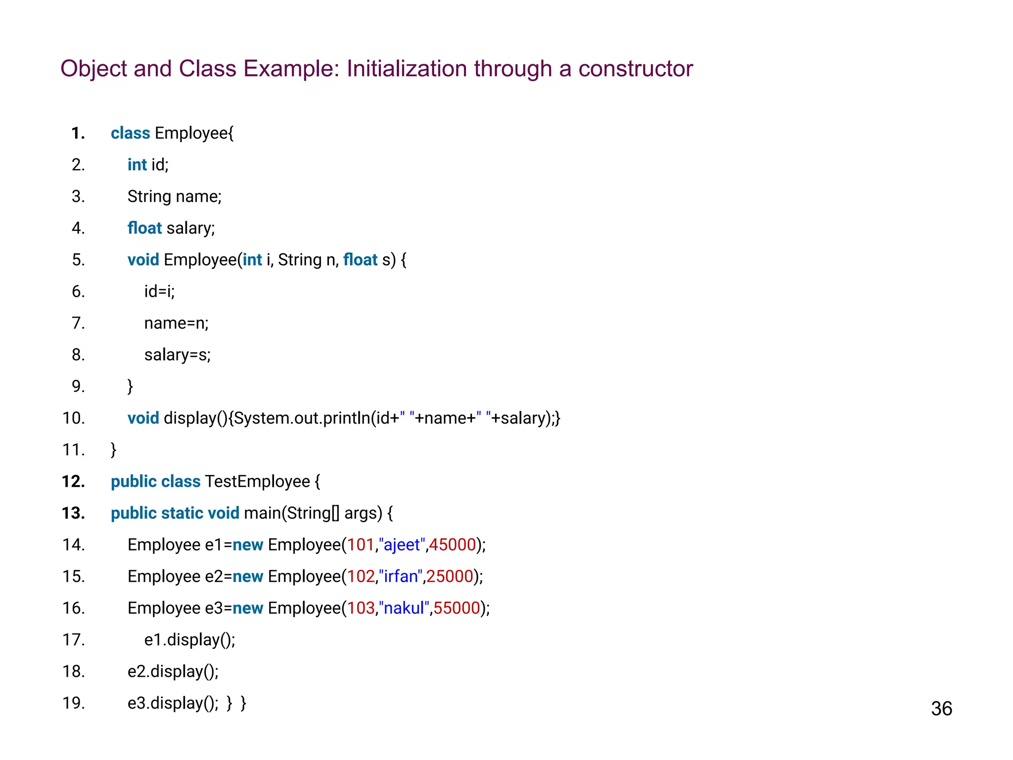 Object and Class Example: Initialization through a constructor
1. class Employee{
2. int id;
3. String name;
4. ﬂoat salary;
5. void Employee(int i, String n, ﬂoat s) {
6. id=i;
7. name=n;
8. salary=s;
9. }
10. void display(){System.out.println(id+" "+name+" "+salary);}
11. }
12. public class TestEmployee {
13. public static void main(String[] args) {
14. Employee e1=new Employee(101,"ajeet",45000);
15. Employee e2=new Employee(102,"irfan",25000);
16. Employee e3=new Employee(103,"nakul",55000);
17. e1.display();
18. e2.display();
19. e3.display(); } } 36
 