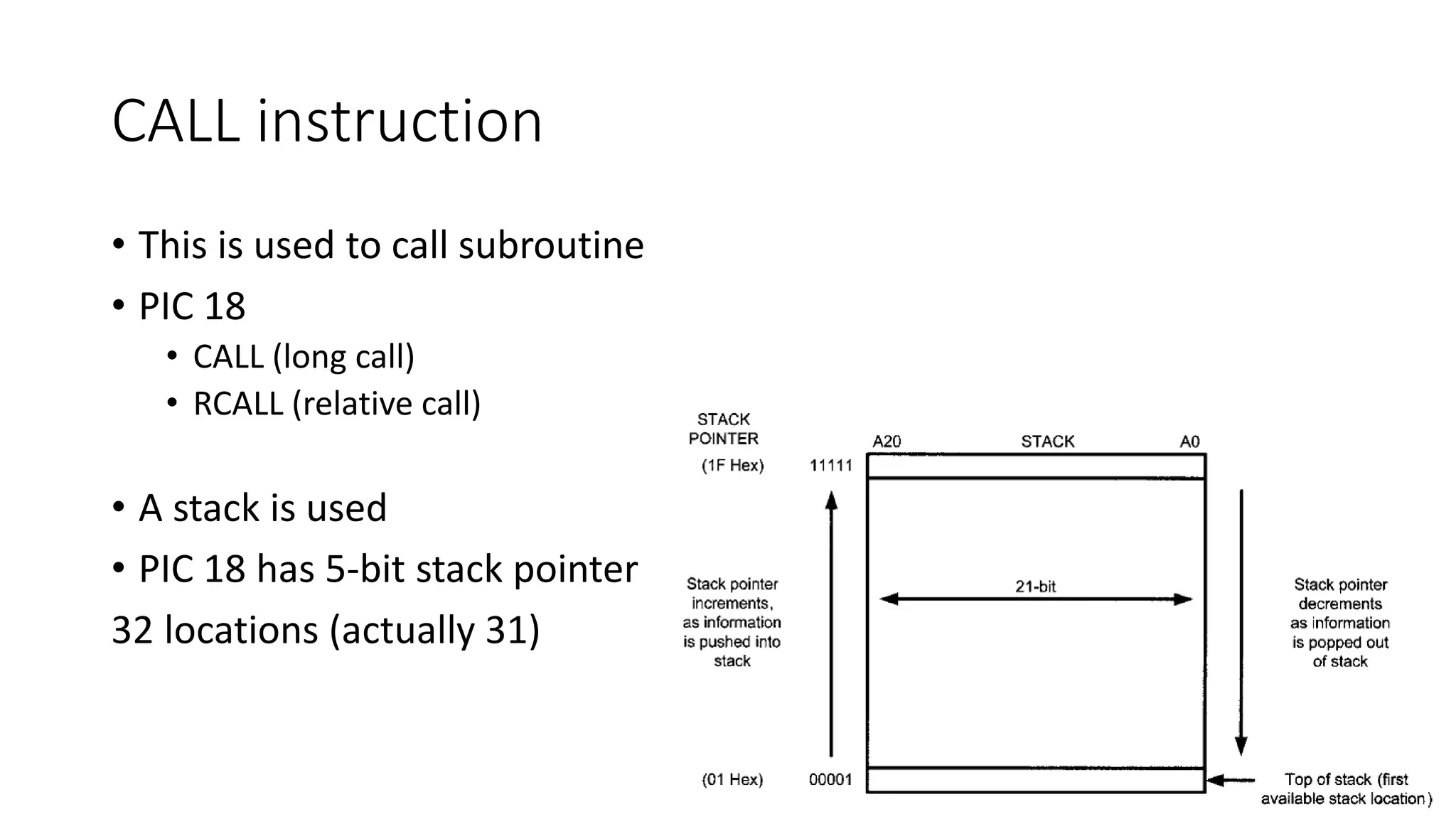 CALL instruction
• This is used to call subroutine
• PIC 18
• CALL (long call)
• RCALL (relative call)
• A stack is used
• PIC 18 has 5-bit stack pointer
32 locations (actually 31)
 