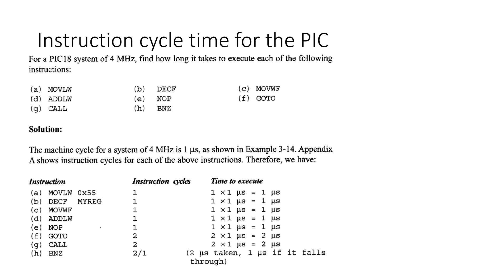 Instruction cycle time for the PIC
 