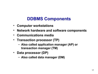 DDBMS Components
•   Computer workstations
•   Network hardware and software components
•   Communications media
•   Transaction processor (TP)
    – Also called application manager (AP) or
      transaction manager (TM)
• Data processor (DP)
    – Also called data manager (DM)



                                                15
 
