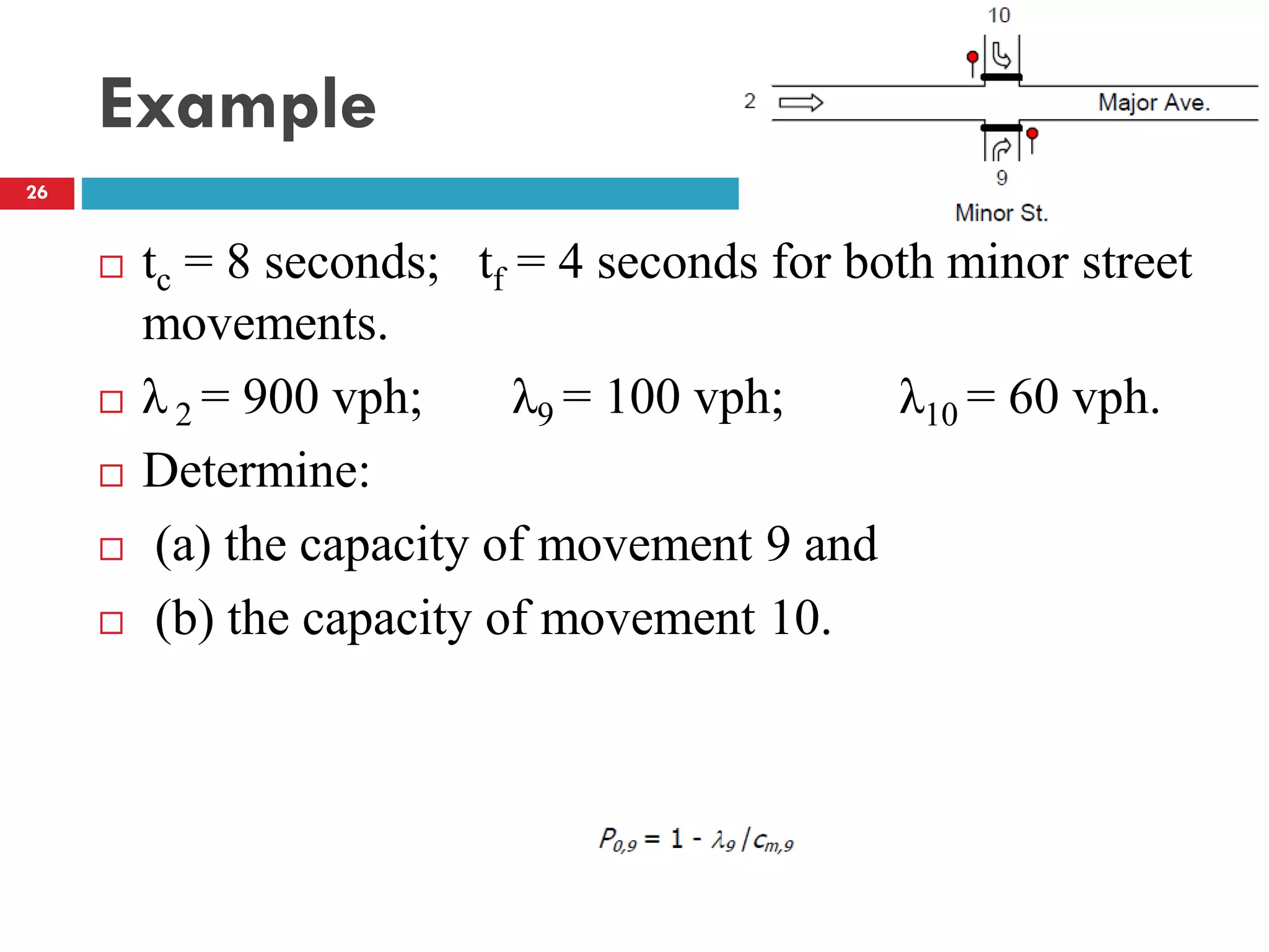Example
 tc = 8 seconds; tf = 4 seconds for both minor street
movements.
 λ 2 = 900 vph; λ9 = 100 vph; λ10 = 60 vph.
 Determine:
 (a) the capacity of movement 9 and
 (b) the capacity of movement 10.
26
 