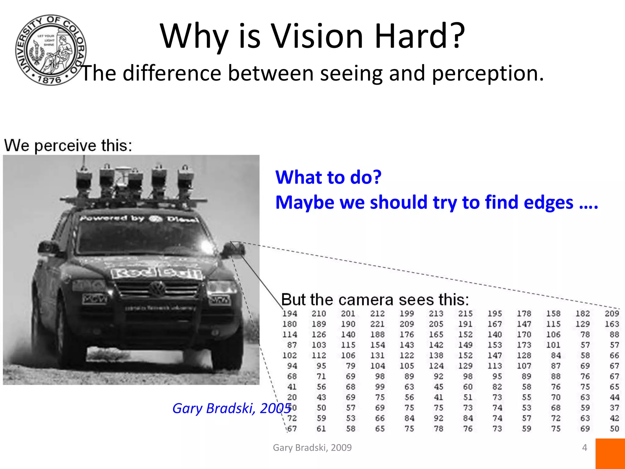 Why is Vision Hard?The difference between seeing and perception.Gary Bradski, 20094What to do? Maybe we should try to find edges ….Gary Bradski, 2005